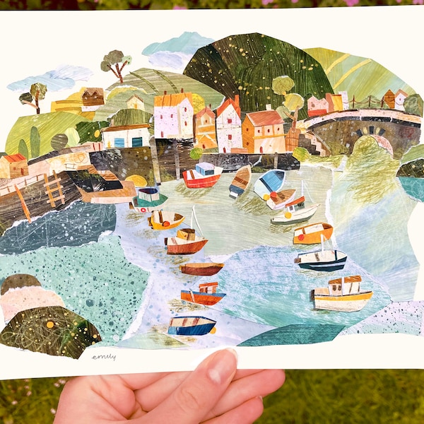 A4 Collaged Harbour Landscape Print, Cute A4 Print