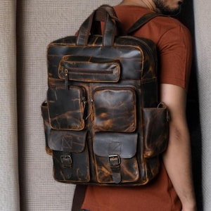 Plecak skórzany, spersonalizowany plecak podróżny, brązowy skórzany plecak z rolowaną górą, torba na laptopa, torba unisex, prezenty walentynkowe