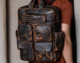 Vintage Buffalo Leather Backpack | Handmade Travel Laptop Bag | Rustic Men's Rucksack, College Bag Groomsman gifts