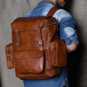 Leather Backpack, Personalized Travel Backpack Rucksack, Brown Leather Roll Top Backpack, Laptop Bag, Unisex Bag Groomsmen Gift