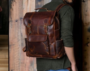 Unisex BROWN LEATHER Roll Top BACKPACK For Gift – Personalized Laptop Travel Rucksack Backpack