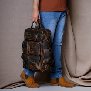 Leather Backpack, Personalized Travel Backpack Rucksack, Brown Leather Roll Top Backpack, Laptop Bag, Unisex Bag Christmas gifts