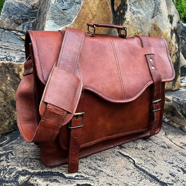 18" Large Retro full grain genuine Leather Laptop Messenger Bag Office Briefcase College bag work bag Leather satchel for Gift