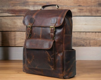 Personalized Buffalo Leather Roll Top Backpack, Unisex Travel Laptop Bag fathers day gift