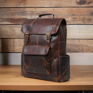 Leather Backpack, Personalized Travel Backpack Rucksack, Brown Leather Roll Top Backpack, Laptop Bag, Unisex Bag fathers day gift