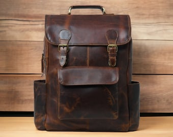 Sac à dos en cuir personnalisé, sac à dos de voyage, sac à dos à enroulement en cuir marron, sac pour ordinateur portable, sac unisexe pour cadeau