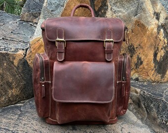 Leather Backpack, Personalized Travel Backpack Rucksack, Brown Leather Roll Top Backpack, Laptop Bag, Unisex Bag Christmas gifts