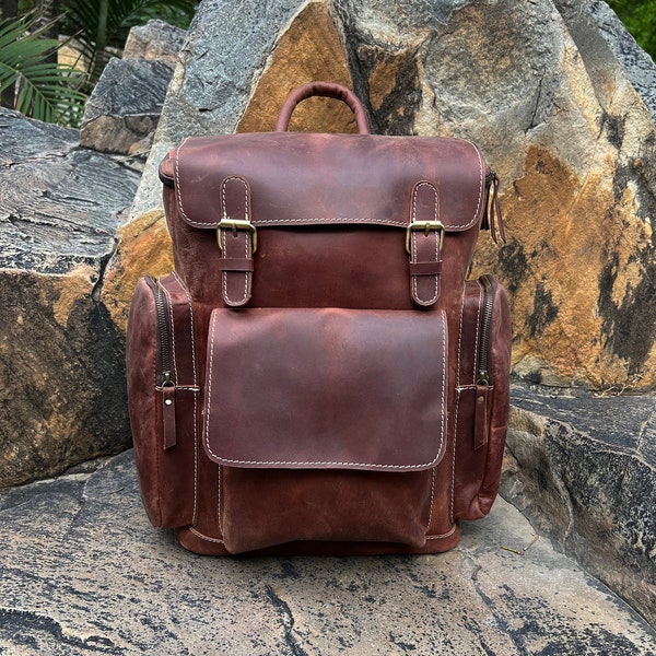 Personalized Leather Backpack, Travel Backpack Rucksack, Brown Leather Roll Top Backpack, Laptop Bag, Unisex Bag womens day gift