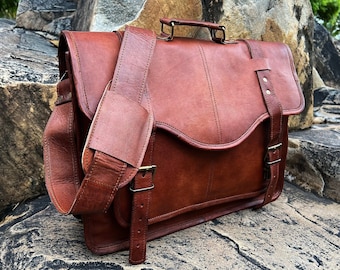 18" Große Retro Vollnarbenleder Laptop Messenger Bag Büro Aktentasche College Tasche Arbeitstasche Ledertasche als Geschenk