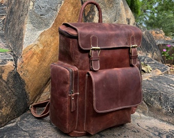 Personalisierter Lederrucksack, Reiserucksack, brauner Leder-Rolltop-Rucksack, Laptoptasche, Unisex-Tasche als Geschenk