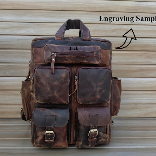 Leather laptop backpack, computer black genuine leather carrier, back pack leather laptop unisex traveling bag for Gift