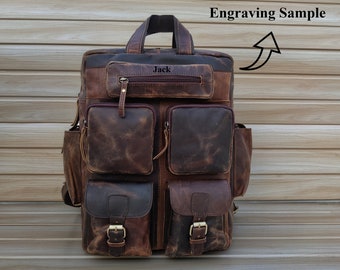 Leather laptop backpack, computer black genuine leather carrier, back pack leather laptop unisex traveling bag for Gift