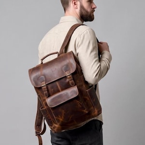 Personalized Buffalo Leather Roll Top Backpack, Unisex Travel Laptop Bag Groomsman gifts