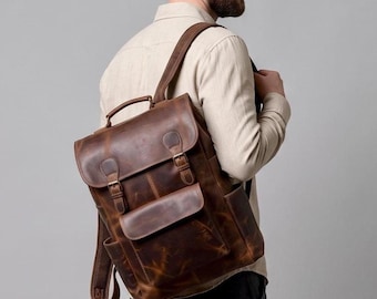 Personlig ryggsäck i buffelläder med roll-top, unisex reseväska för laptop, presenter till förlovaren