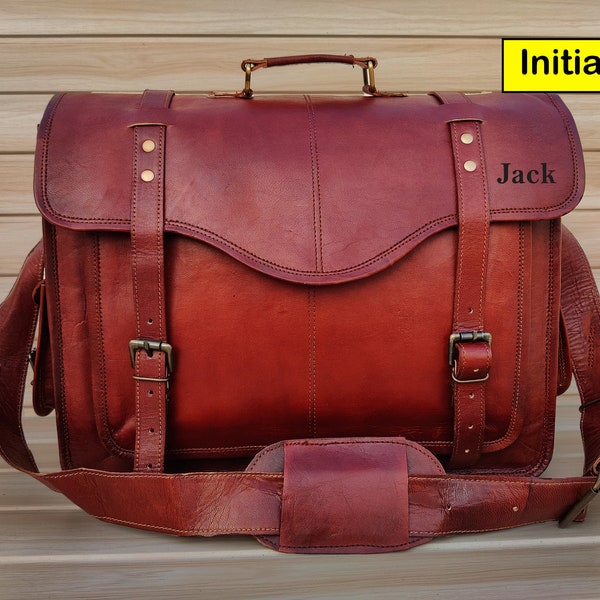 18" Large Retro full grain genuine Leather Laptop Messenger Bag Office Briefcase College bag work bag Leather satchel for Gift