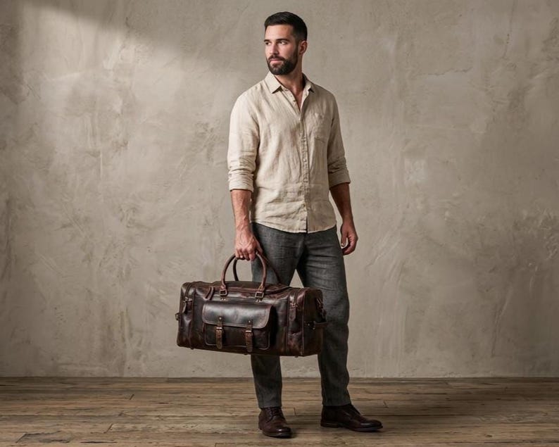 Men's Top-Grain Buffalo Leather Duffle Bag – Large Travel Weekender Overnight Gym Carry-On Groomsman gifts