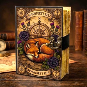Op de afbeelding: Een rechthoekig boek getiteld Adventure's Rest met een zwarte metalen sluiting. De kaft toont een slapende oranje vos, paarse rozen, distels en een kompasroos. Het boek heeft verouderde pagina's en een donkere, rijk versierde vintage rand.
