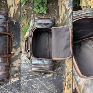 Handmade vintage leather duffle bag with shoulder strap, perfect for travel, gym, or weekend use. Rustic brown full-grain leather bag for men.