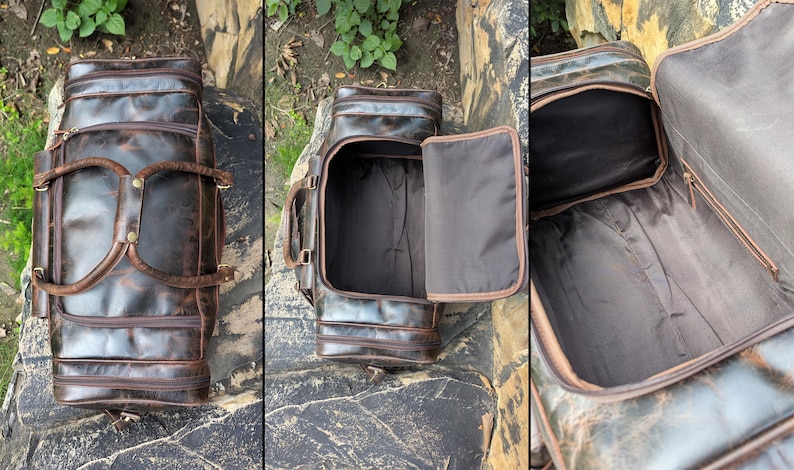 Handmade vintage leather duffle bag with shoulder strap, perfect for travel, gym, or weekend use. Rustic brown full-grain leather bag for men.