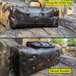Handmade vintage leather duffle bag with shoulder strap, perfect for travel, gym, or weekend use. Rustic brown full-grain leather bag for men.