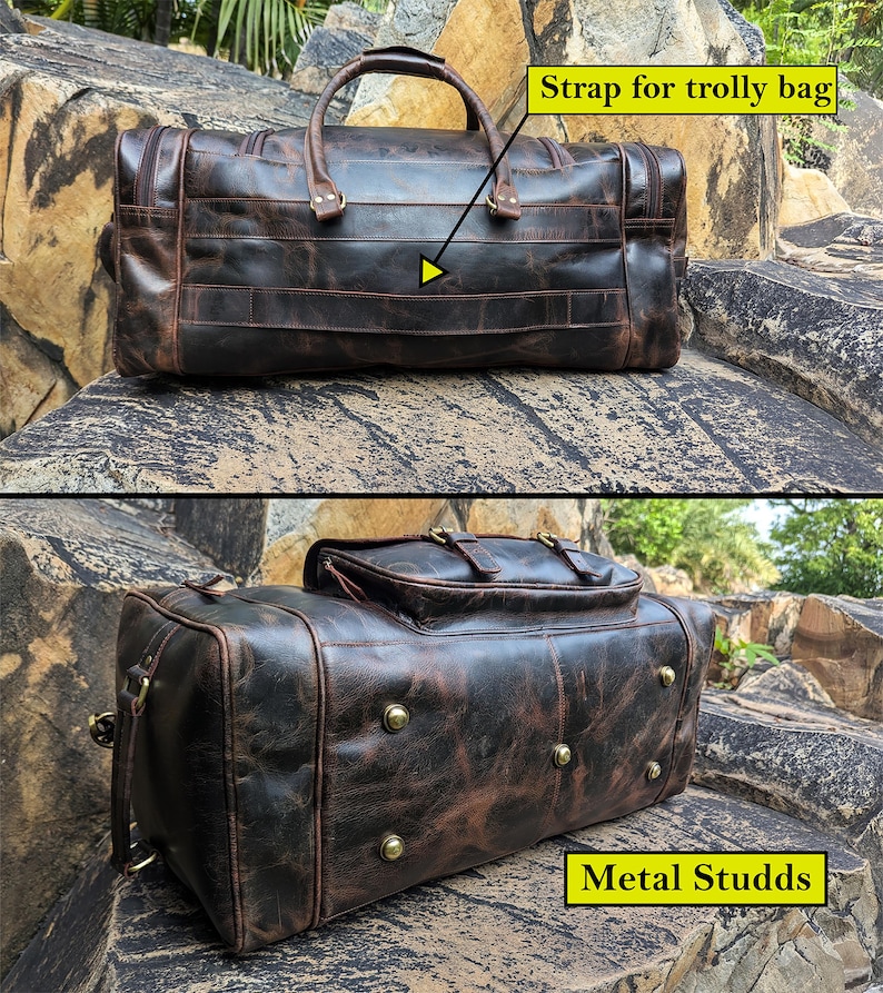 Handmade vintage leather duffle bag with shoulder strap, perfect for travel, gym, or weekend use. Rustic brown full-grain leather bag for men.