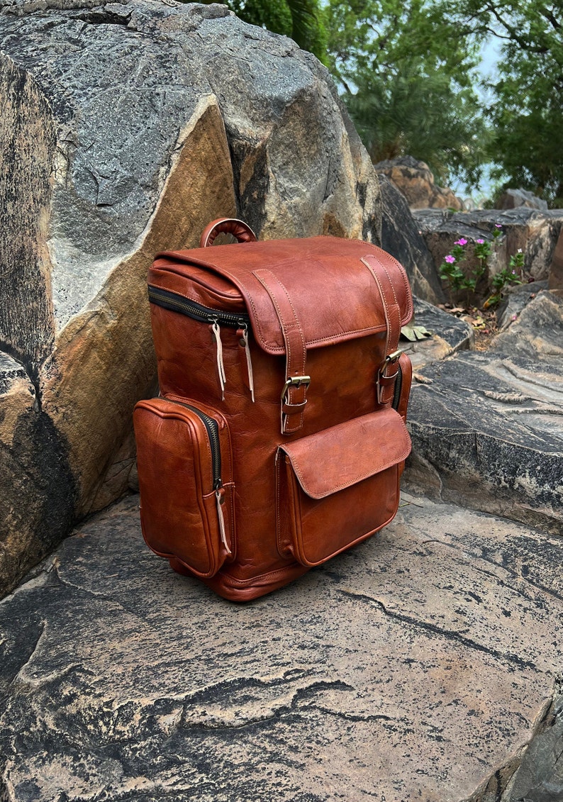 Personalized Leather Backpack, Travel Backpack Rucksack, Brown Leather Roll Top Backpack, Laptop Bag, Unisex Bag for Gift image 1