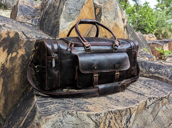 Men's Top-Grain Buffalo Leather Duffle Bag – Large Travel Weekender Overnight Gym Carry-On fathers day gift