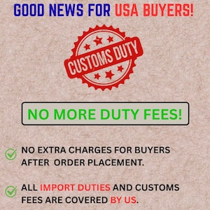 K&ouml;nnte beinhalten: Ein Bild mit dem Text "GOOD NEWS FOR USA BUYERS!" und einem roten Siegel mit der Aufschrift "CUSTOMS DUTY". Der Text "NO MORE DUTY FEES!" und eine Liste von Vorteilen sind ebenfalls enthalten.
