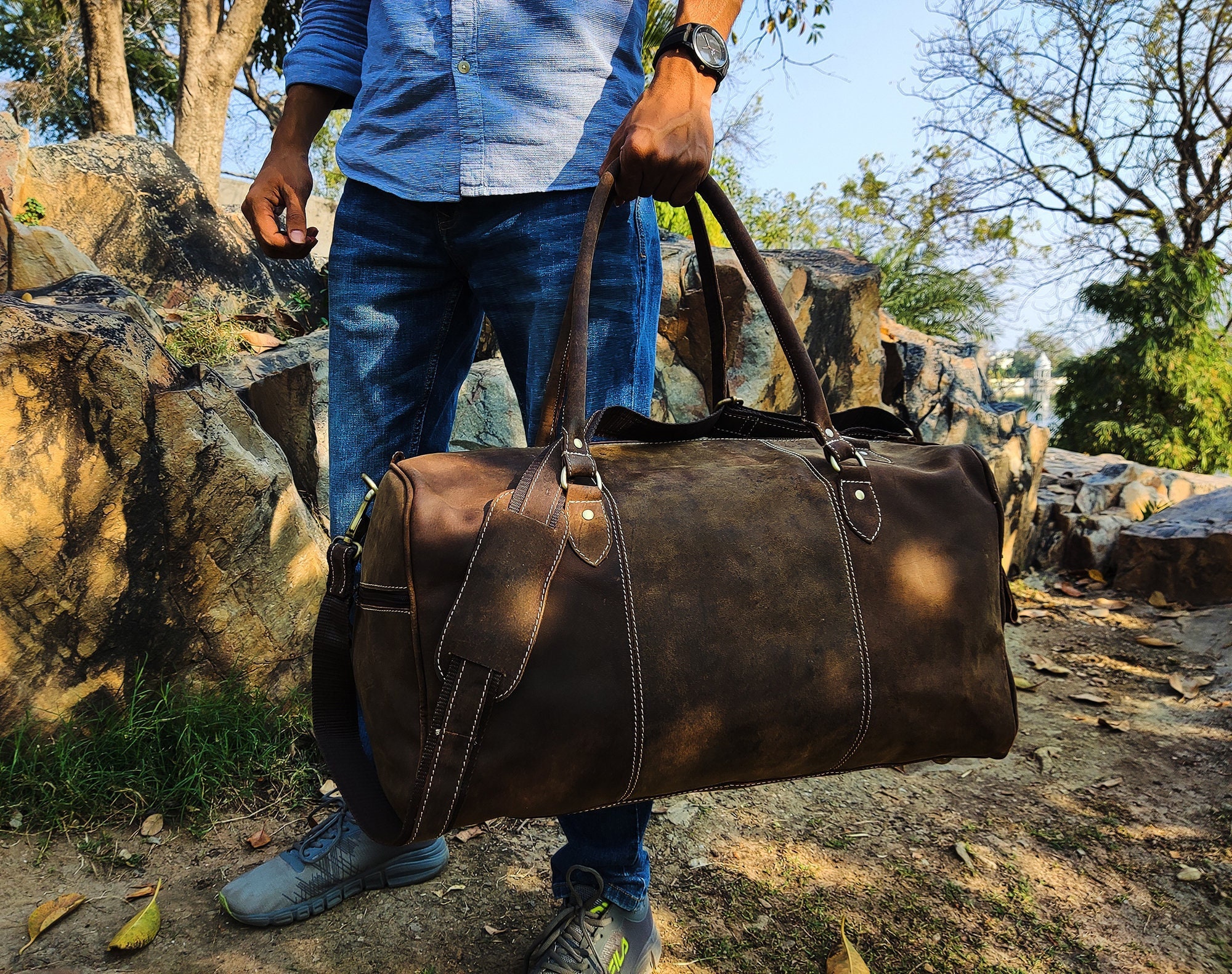 Affordable leather duffle bags discount