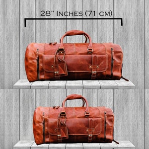 May include: Two brown leather duffel bags on wooden shelves. The larger bag is 28 inches (71 cm) and the smaller bag is 22 inches (56 cm).