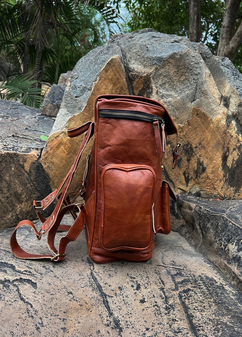 Personalized Leather Backpack, Travel Backpack Rucksack, Brown Leather Roll Top Backpack, Laptop Bag, Unisex Bag for Gift image 3