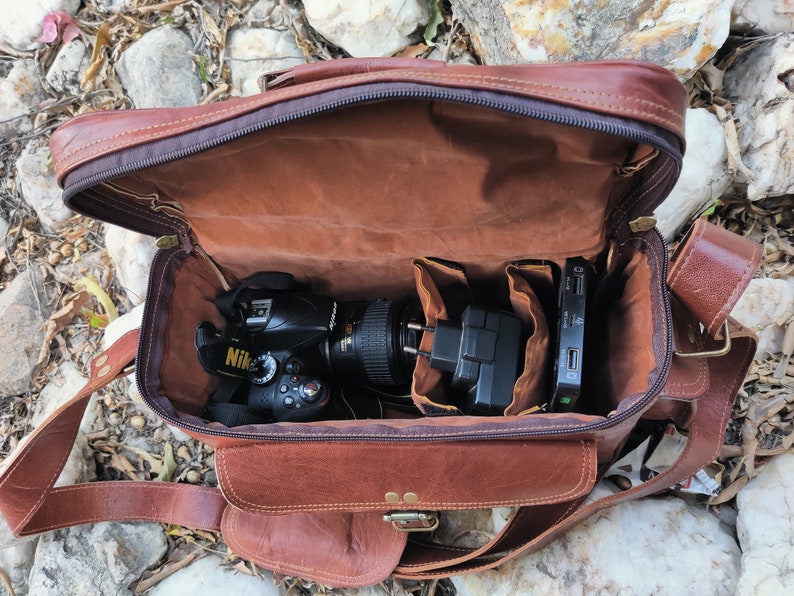 Leather Camera Bag, Personalised DSLR Camera Bag, Camera Satchel Bag, Vintage Shoulder Bag For Nikon, Canon, Sony for gift image 5