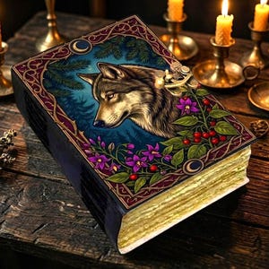 Könnte beinhalten: Ein gebundenes Buch mit einer detaillierten Illustration eines Wolfskopfes, umgeben von violetten Blumen, grünen Blättern und roten Beeren auf dem Einband. Der Einband hat einen dunkelblauen Hintergrund mit einem Halbmond und einem Metallverschluss.