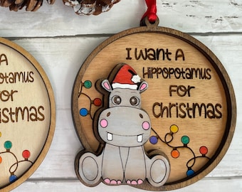 Hippopotamus for Christmas Ornament, Wooden Ornament, Christmas Lover Gifts,  Stocking Stuffer, Christmas Ornament, Engraved Ornament