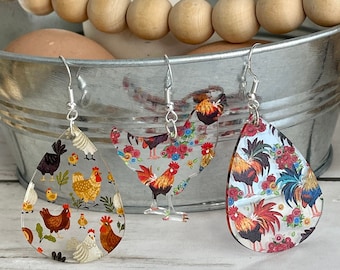 Acryl Huhn Ohrringe, Hahn Ohrringe, Huhn Liebhaber Geschenke, Strumpf Stuffer, Huhn Ohrringe, Bauer Ohrringe, baumeln Ohrringe