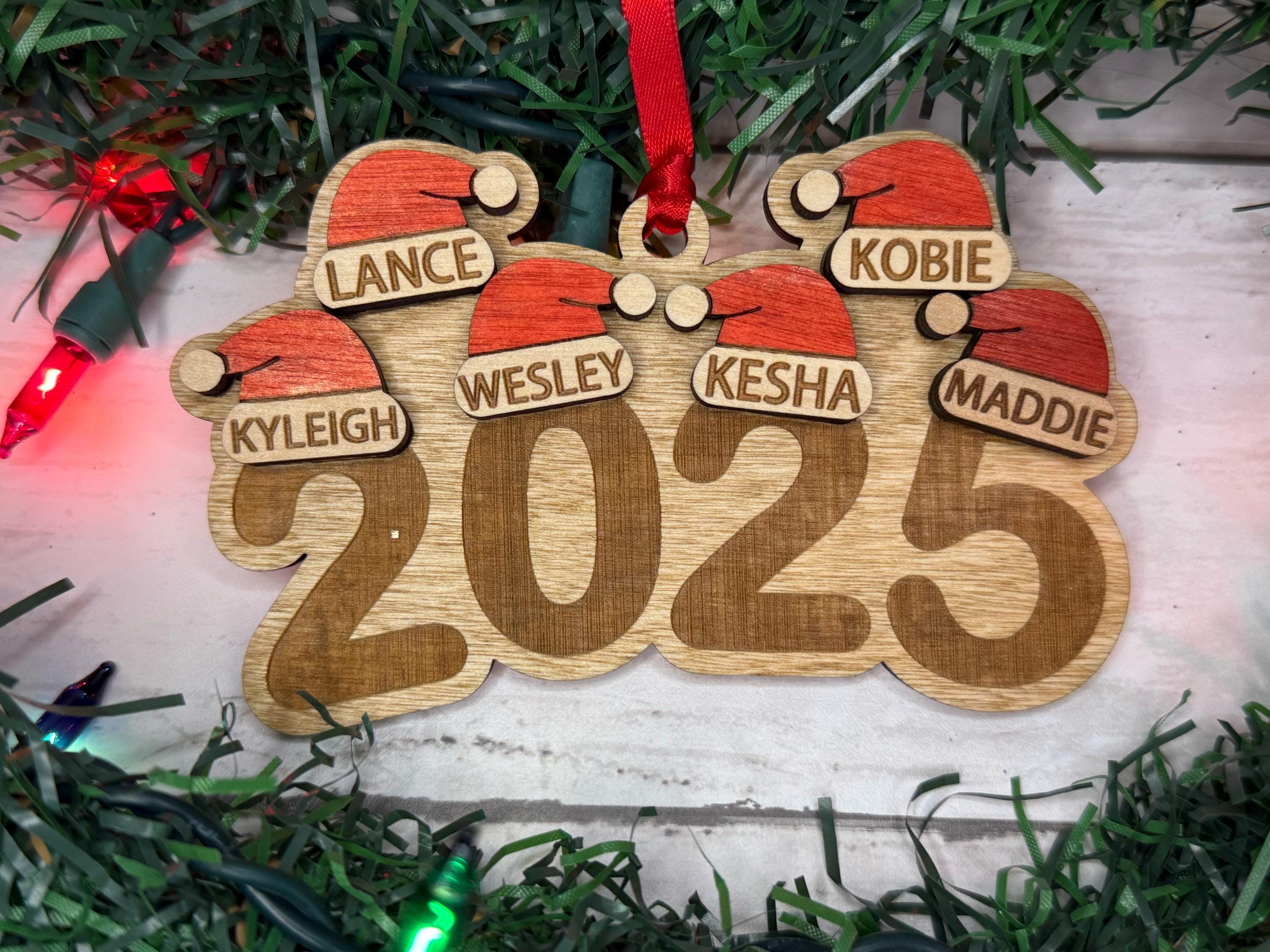 Personalized Family Christmas Ornament, Engraved Ornament, Santa Hat Ornament, Yearly Ornament, Family Tradition, Family Gift
