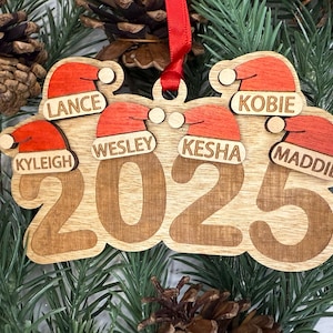 Personalized Family Christmas Ornament, Engraved Ornament, Santa Hat Ornament, Yearly Ornament, Family Tradition, Family Gift