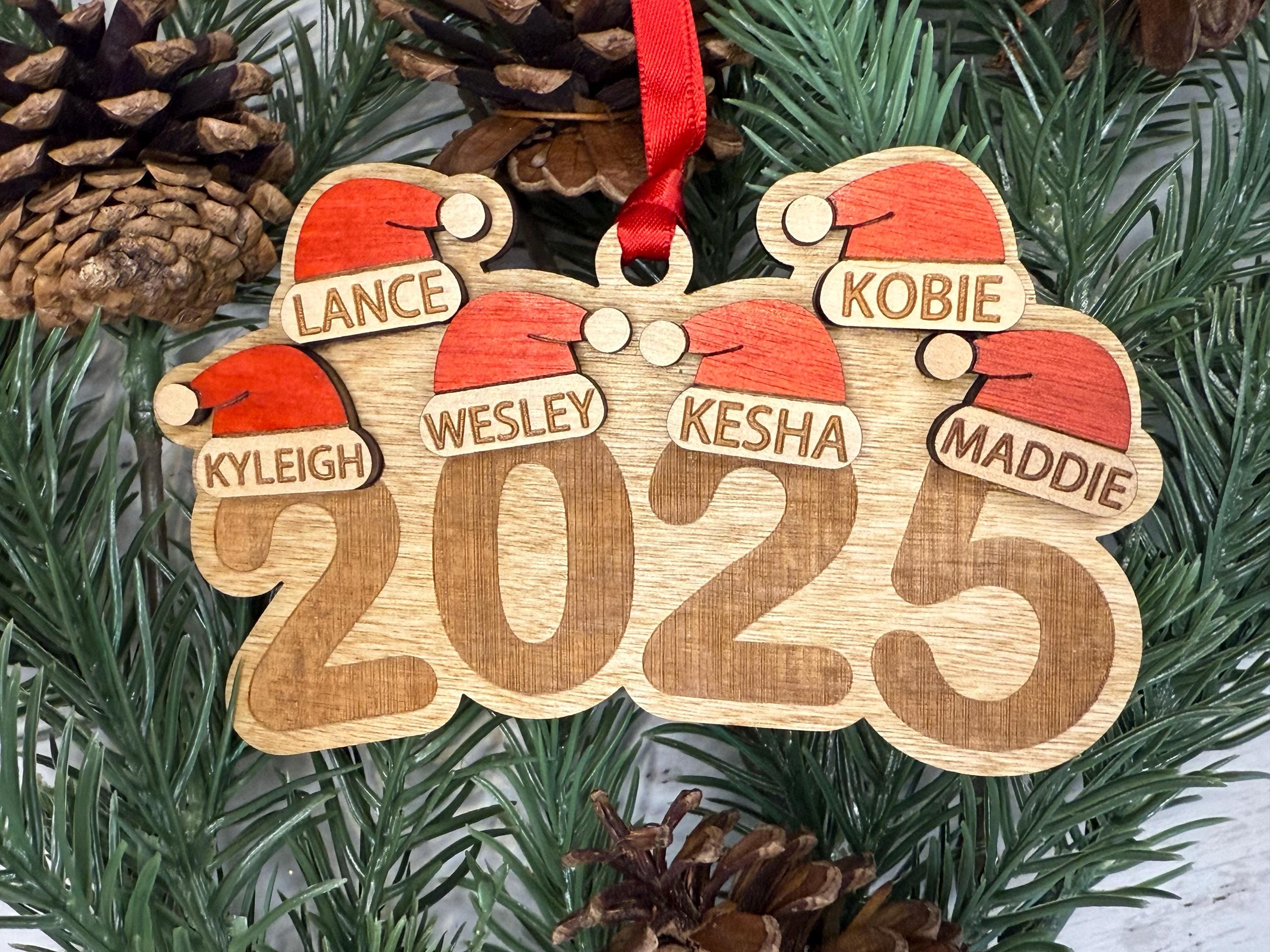 Personalized Family Christmas Ornament, Engraved Ornament, Santa Hat Ornament, Yearly Ornament, Family Tradition, Family Gift