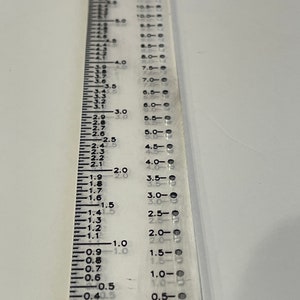 K&ouml;nnte beinhalten: Ein transparentes Lineal aus Kunststoff mit schwarzen Markierungen zum Messen in Zoll und Zentimetern. Das Lineal hat eine Mittelmarkierung und Zahlen von 0,1 bis 10,0.