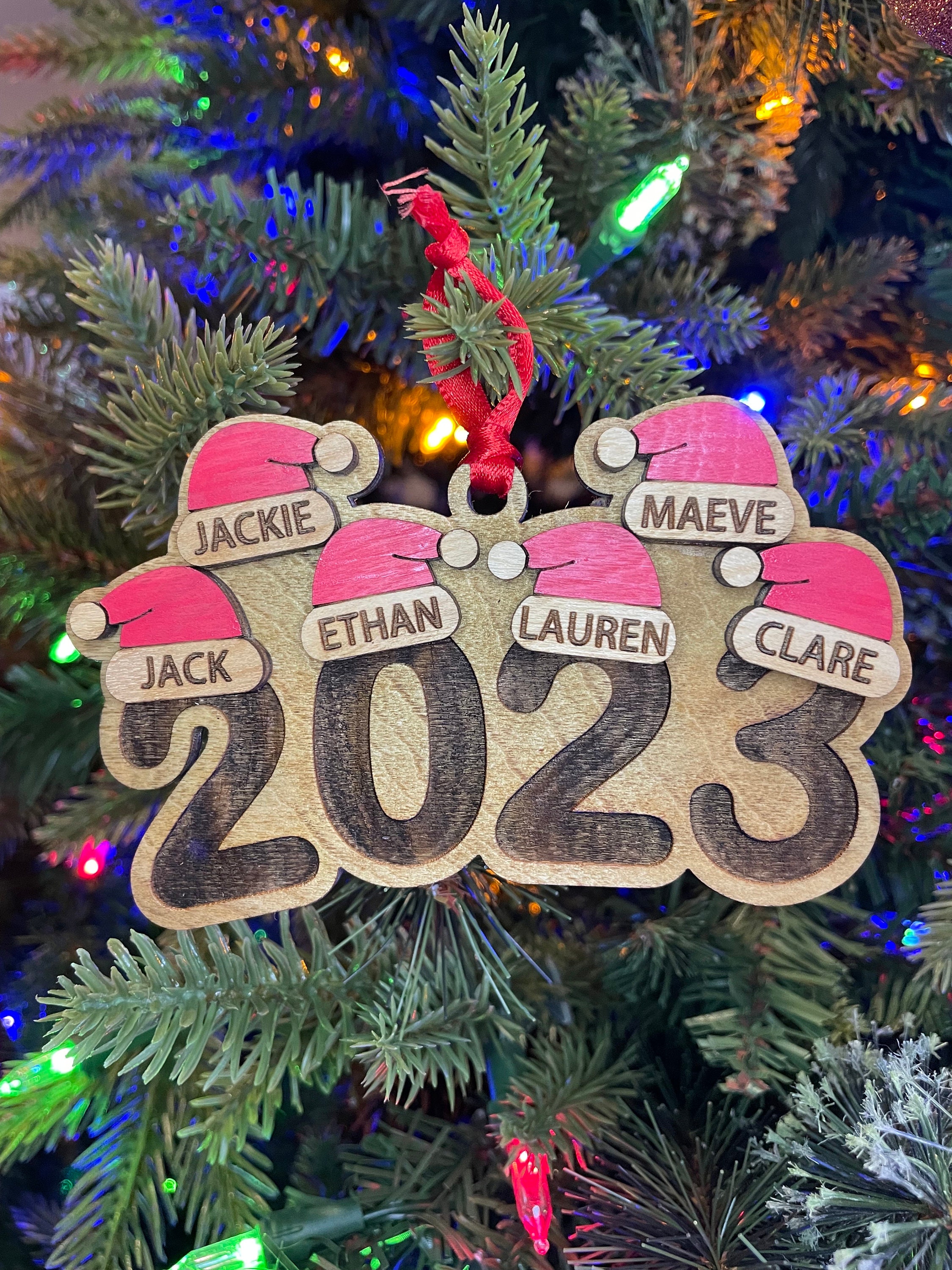 Personalized Family Christmas Ornament, Engraved Ornament, Santa Hat Ornament, Yearly Ornament, Family Tradition, Family Gift