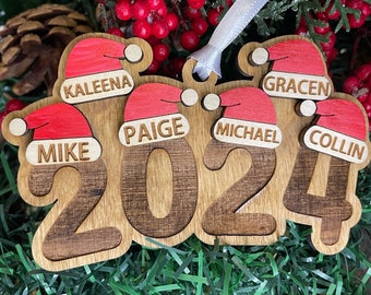 Family Ornament, Personalized Christmas Ornament, Family Christmas Ornament, Engraved Ornament, Santa Hat Ornament, Yearly Ornament
