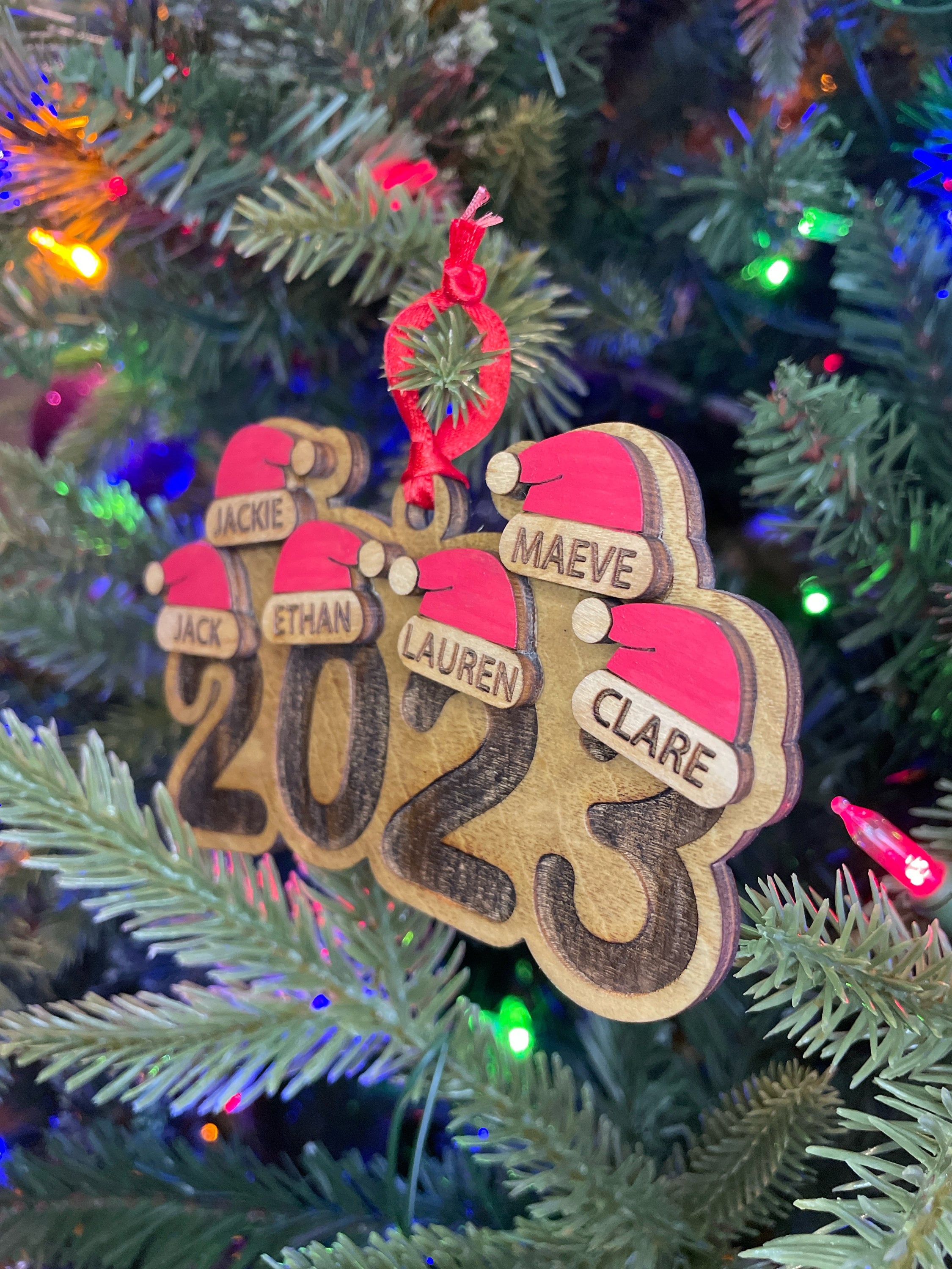 Personalized Family Christmas Ornament, Engraved Ornament, Santa Hat Ornament, Yearly Ornament, Family Tradition, Family Gift