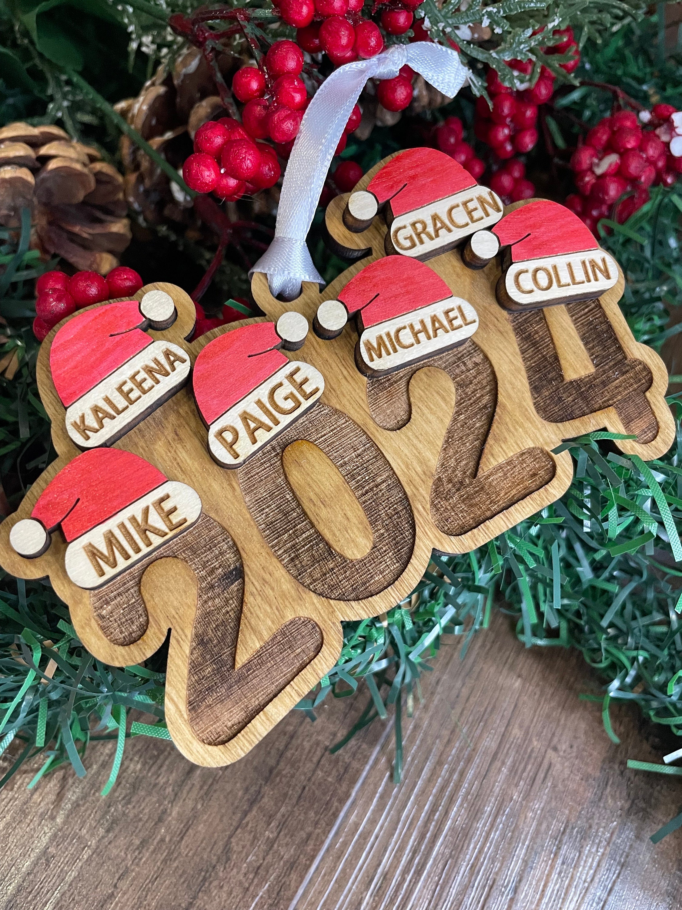 Personalized Family Christmas Ornament, Engraved Ornament, Santa Hat Ornament, Yearly Ornament, Family Tradition, Family Gift