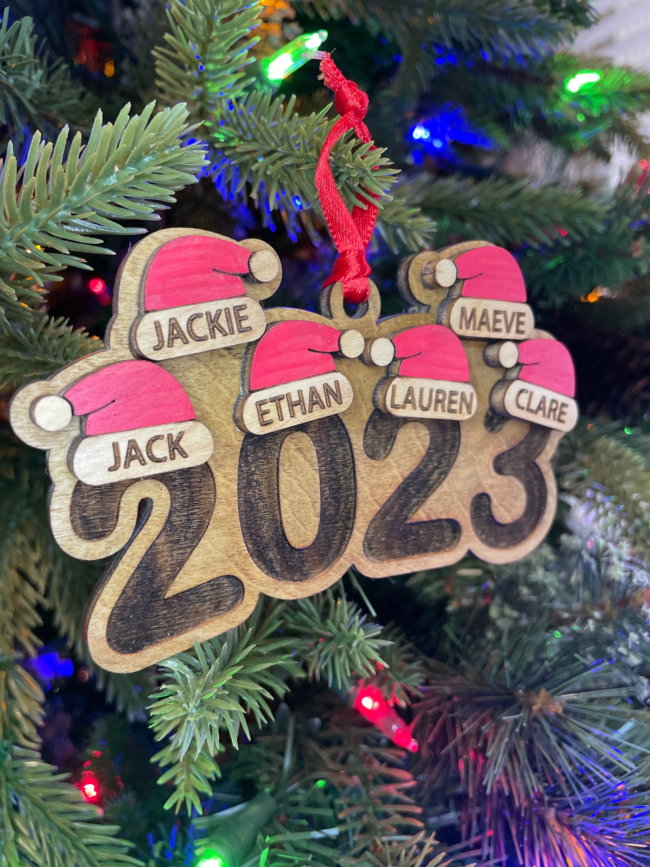 Personalized Family Christmas Ornament, Engraved Ornament, Santa Hat Ornament, Yearly Ornament, Family Tradition, Family Gift