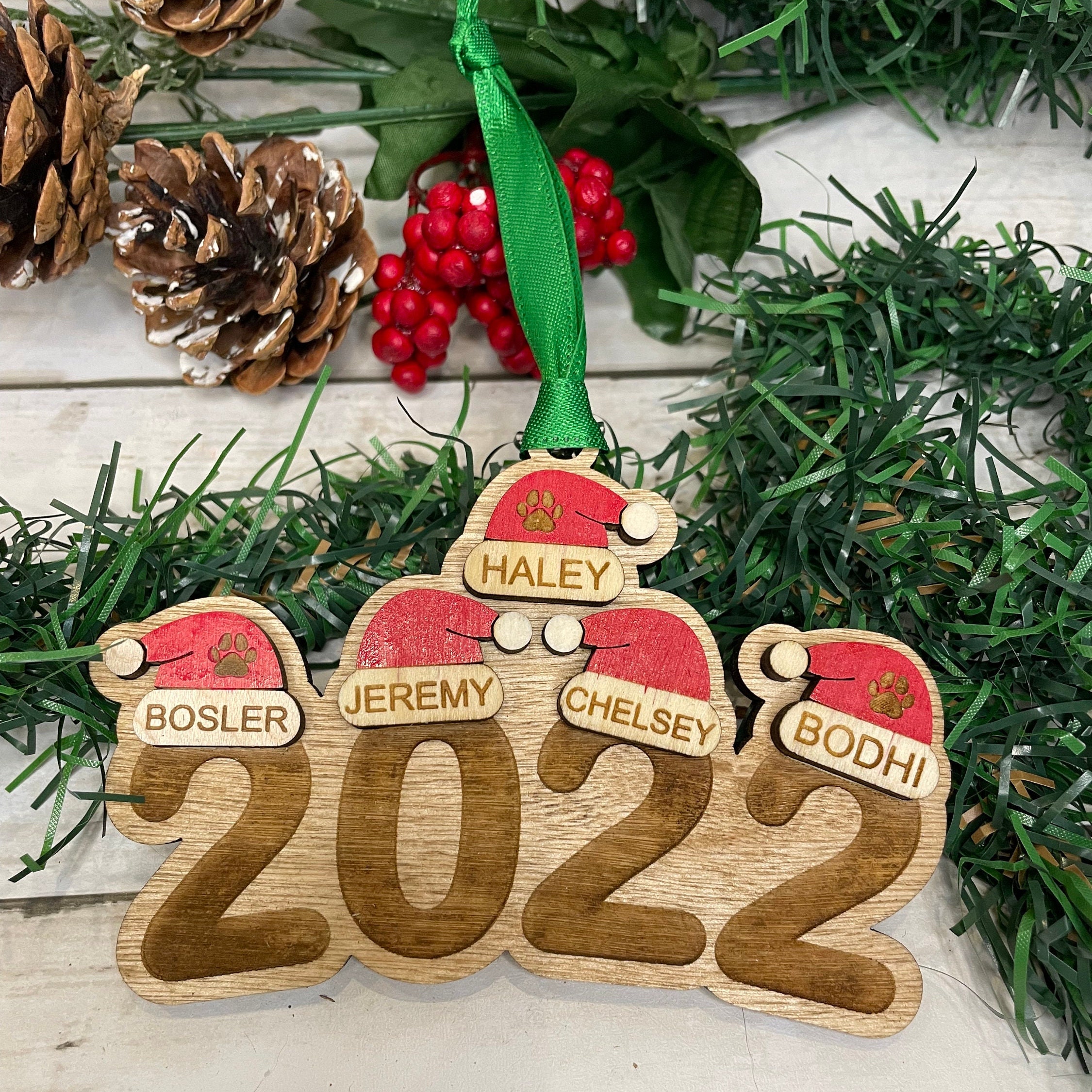 Personalized Family Christmas Ornament, Engraved Ornament, Santa Hat Ornament, Yearly Ornament, Family Tradition, Family Gift