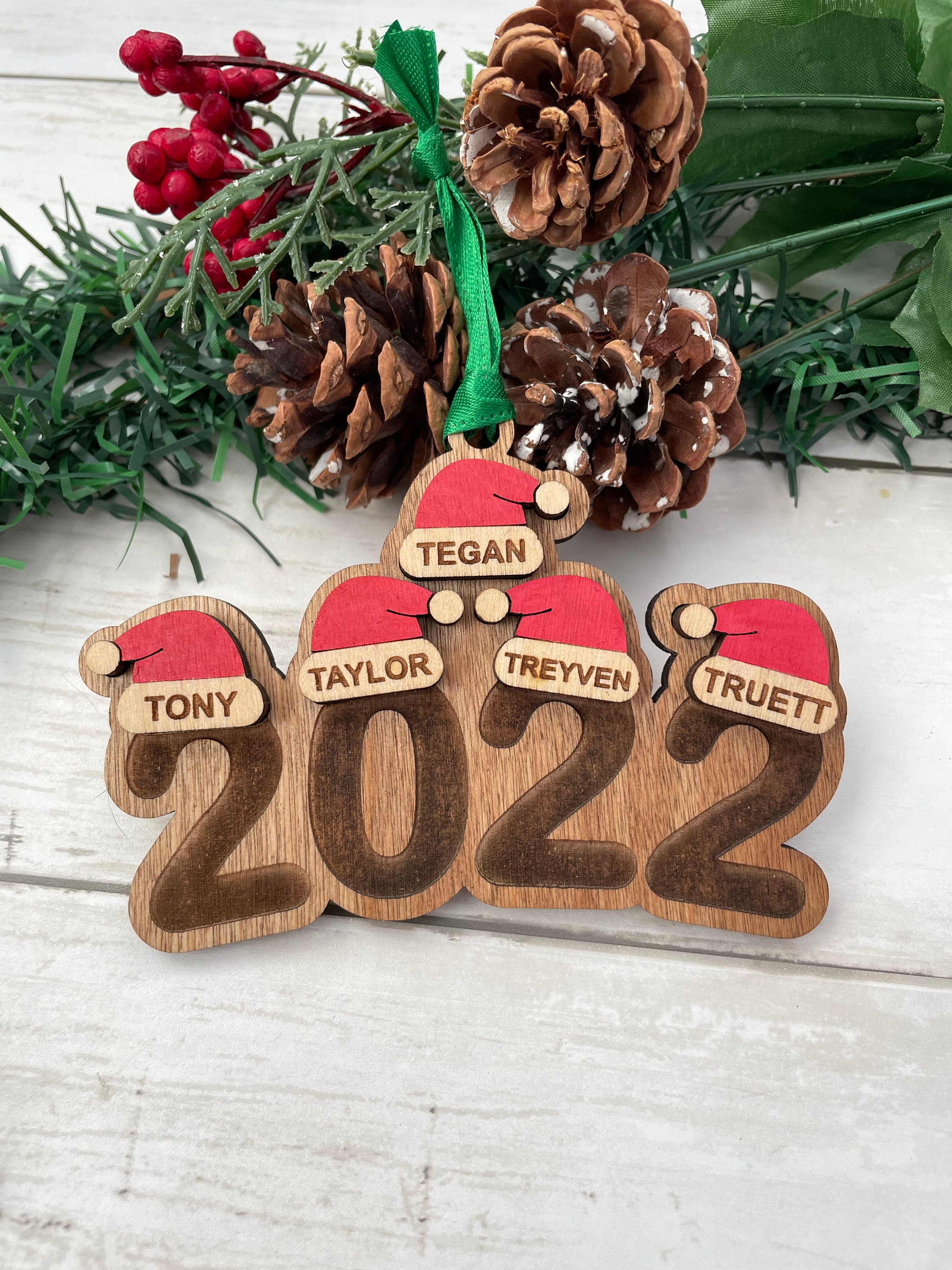 Personalized Family Christmas Ornament, Engraved Ornament, Santa Hat Ornament, Yearly Ornament, Family Tradition, Family Gift