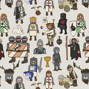 Könnte beinhalten: Rechteckiges Mauspad mit einem sich wiederholenden Muster aus Cartoon-Rittern, mittelalterlichen Figuren und verschiedenen heraldischen Symbolen in verschiedenen Farben. Der Hintergrund ist hellbeige.