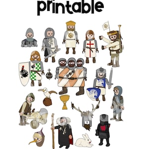 May include: A collection of illustrated medieval figures and accessories, including knights, a rabbit, a chalice, and a deer antler helmet. The word "printable" is displayed in bold, black text at the top of the image.