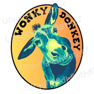 May include: A bright yellow circle with a blue and green donkey head sticking out of the top. The donkey is looking at the viewer with a playful expression. The words "Wonky Donkey" are written in black around the circle.