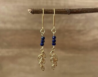 Gold Lapis Earrings, Gold Leaf Earrings, Boho Lapis Jewelry, Gold Drop Earrings, Birthday Gift Idea, Gifts for Women, Lapis Lazuli Jewelry